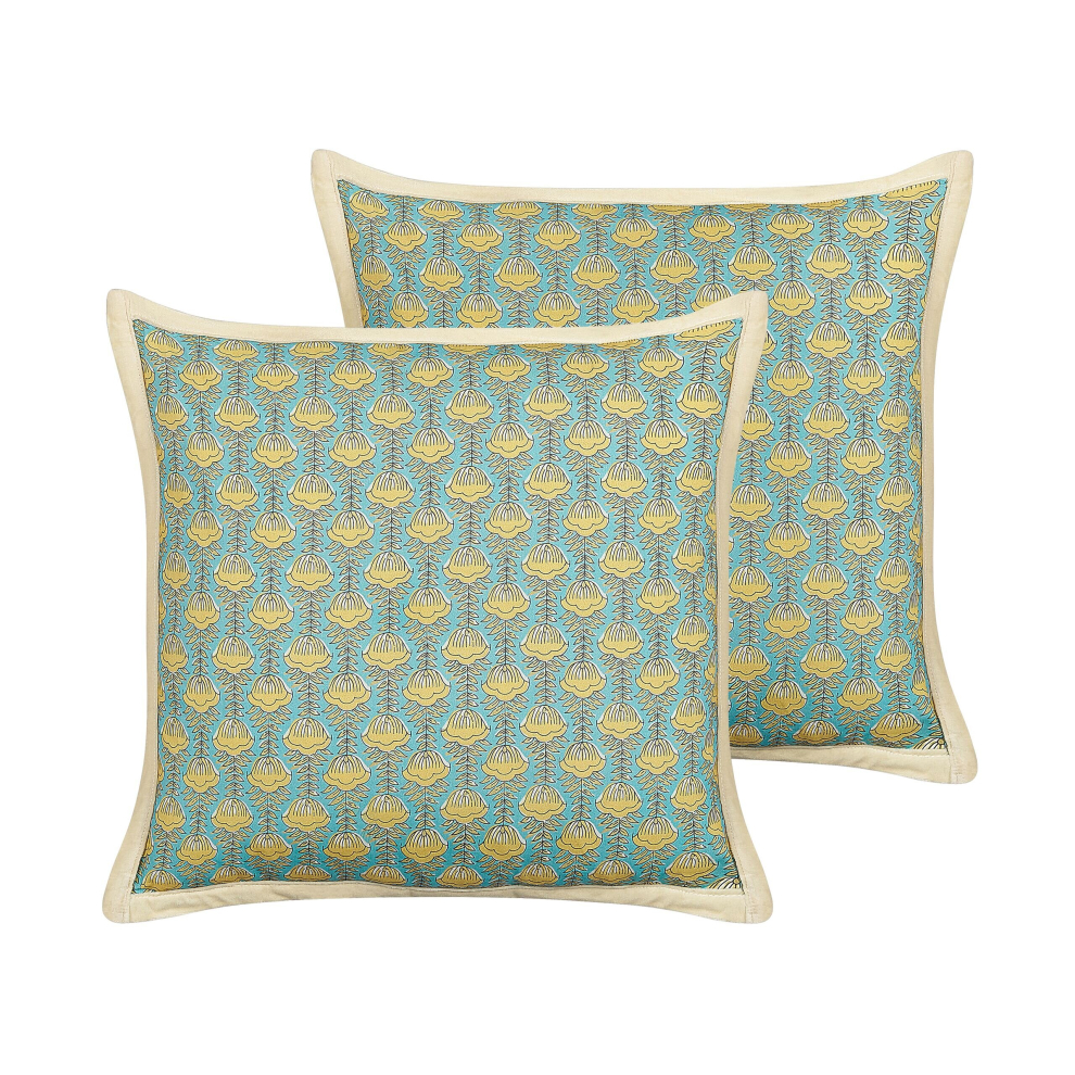 Set of 2 Cotton Cushions Flower Pattern 45 x 45 cm Blue and Yellow WAKEGI