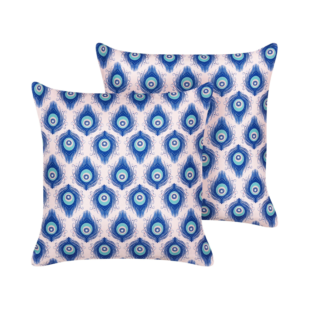 Set of 2 Outdoor Cushions Peacock Pattern 45 x 45 cm Blue and Pink CERIANA