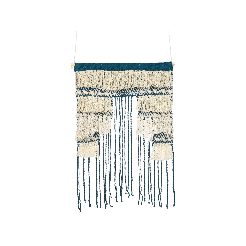 Cotton Wall Hanging with Tassels Blue and Beige NADRA