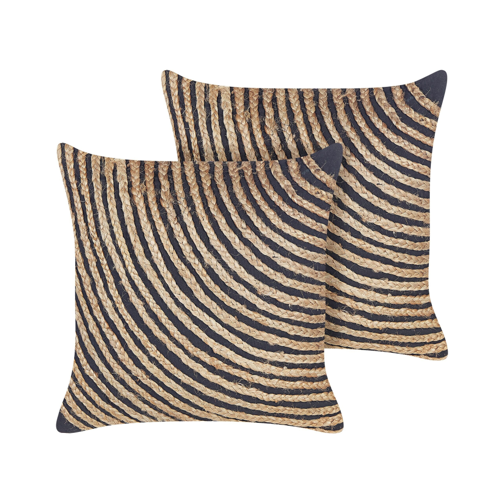 Set of 2 Cotton Cushion with Braided Jute 45 x 45 cm Beige and Black BERGENIA