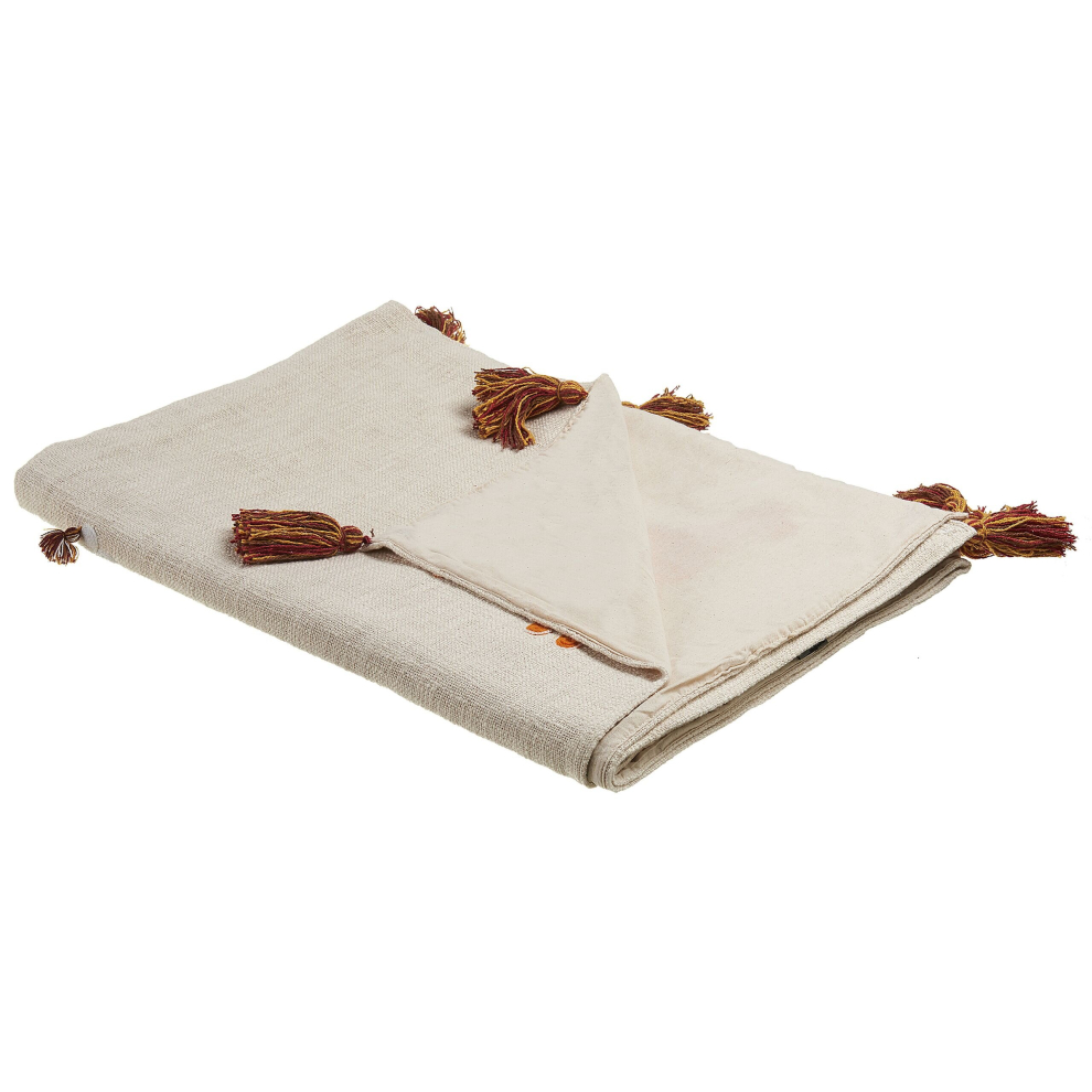 Cotton Blanket Lama Motif 130 x 180 cm Beige and Orange KHANDWA