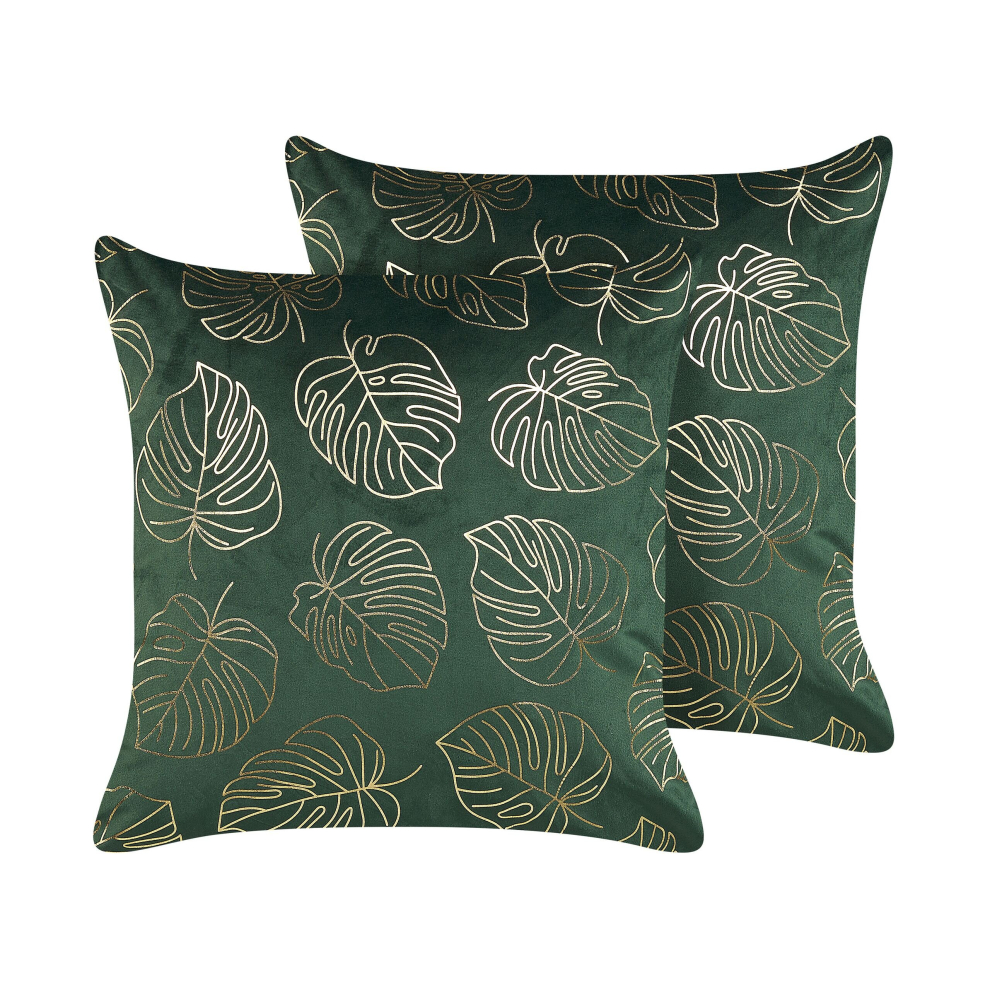 Set of 2 Velvet Cushions Leaf Pattern 45 x 45 cm Dark Green MONSTERA