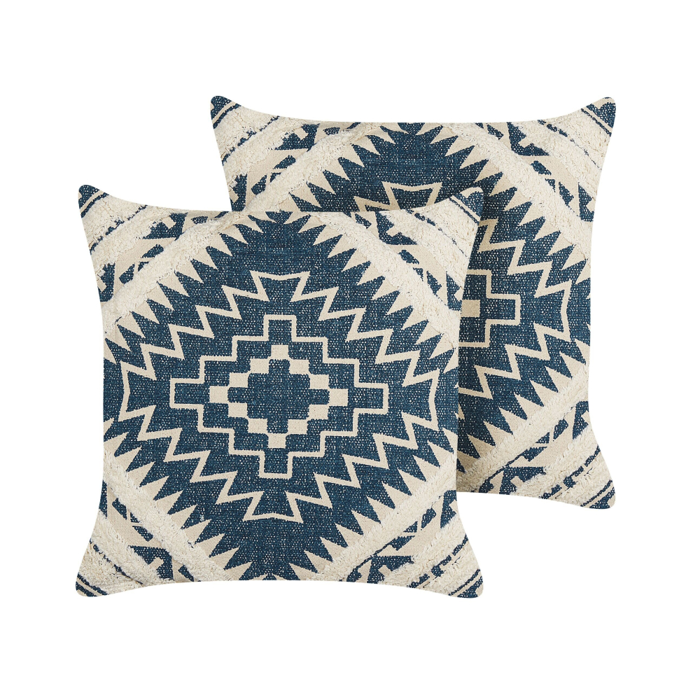 Set of 2 Cotton Cushions Geometric Pattern 50 x 50 cm Blue and Beige SAFI
