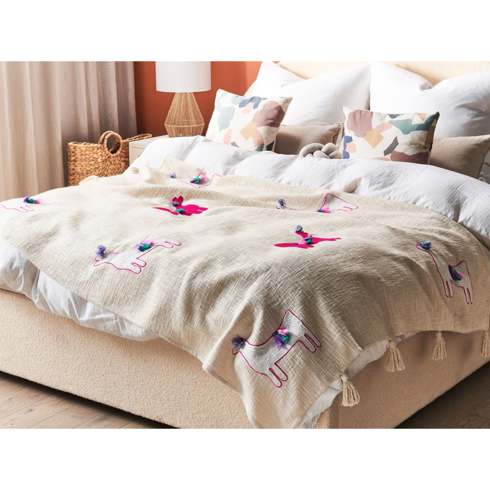 Cotton Blanket Lama Motif 130 x 180 cm Beige and Pink NANDYAL