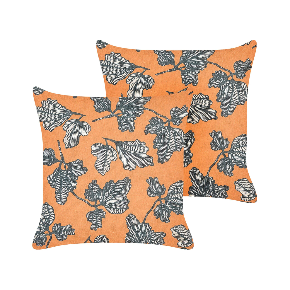 Set of 2 Cushions Leaf Motif 45 x 45 cm Orange and Black SPIREA