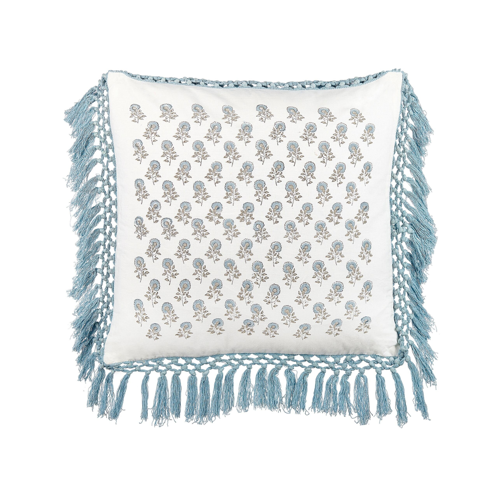 Fringed Cotton Cushion Floral Pattern 45 x 45 cm White and Blue PALLIDA