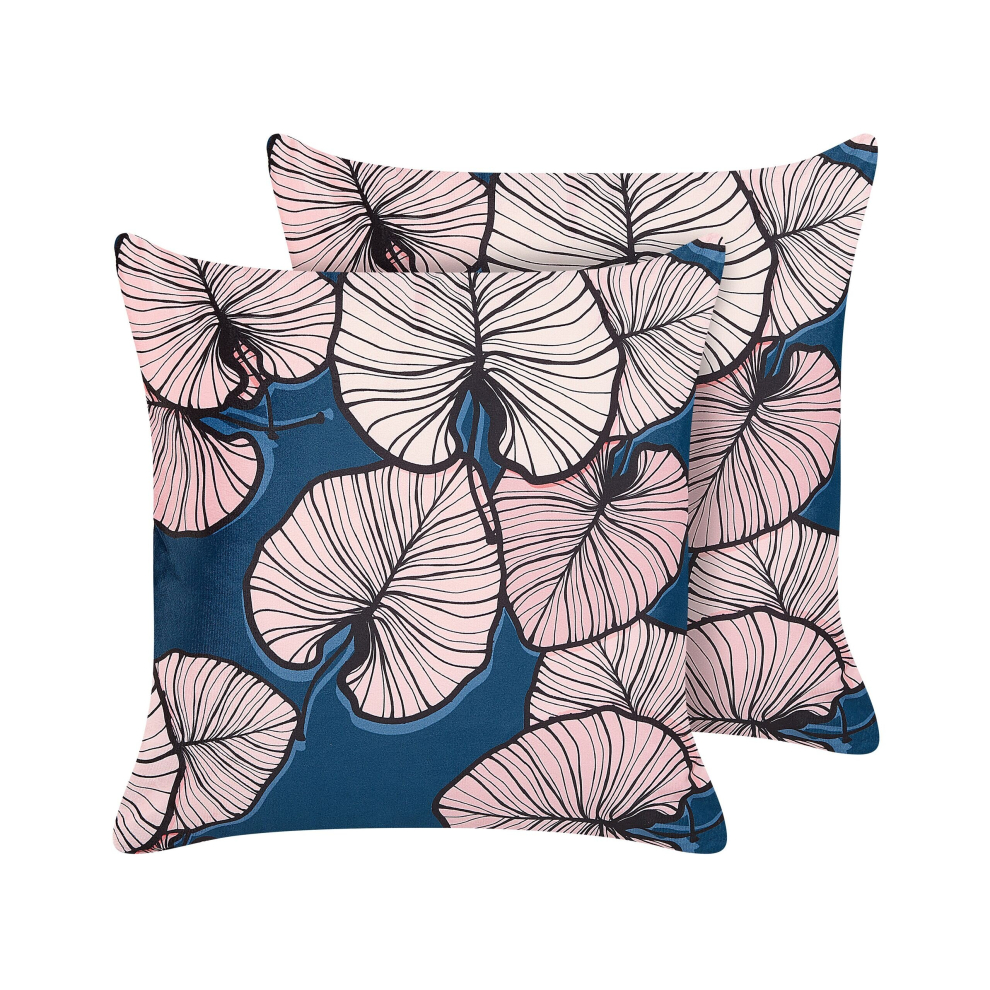 Set of 2 Velvet Cushions Leaf Pattern 45 x 45 cm Blue and Pink CHRYSANTHEMUM