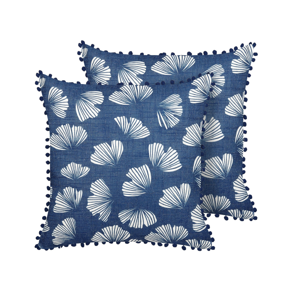 Set of 2 Cushions Leaf Pattern 45 x 45 cm Blue and White DANDELION