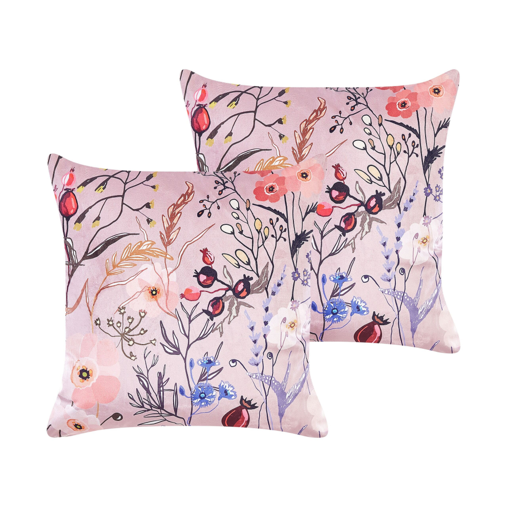 Set of 2 Velvet Cushions Flower Motif 45 x 45 cm Pink ANEMONES