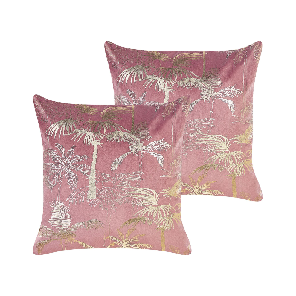 Set of 2 Velvet Cushions Palm Motif 45 x 45 cm Pink CARANDAY
