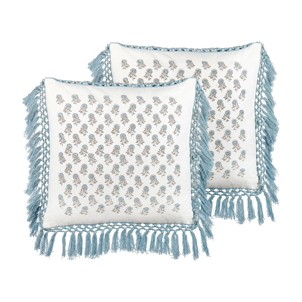 Set of 2 Fringed Cotton Cushions Floral Pattern 45 x 45 cm White and Blue PALLIDA