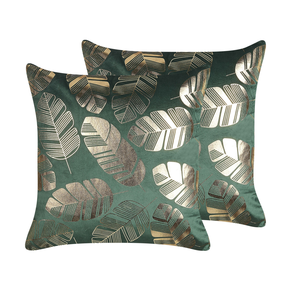 Set of 2 Velvet Cushions Leaf Print 45 x 45 cm Green SUNFLOWER