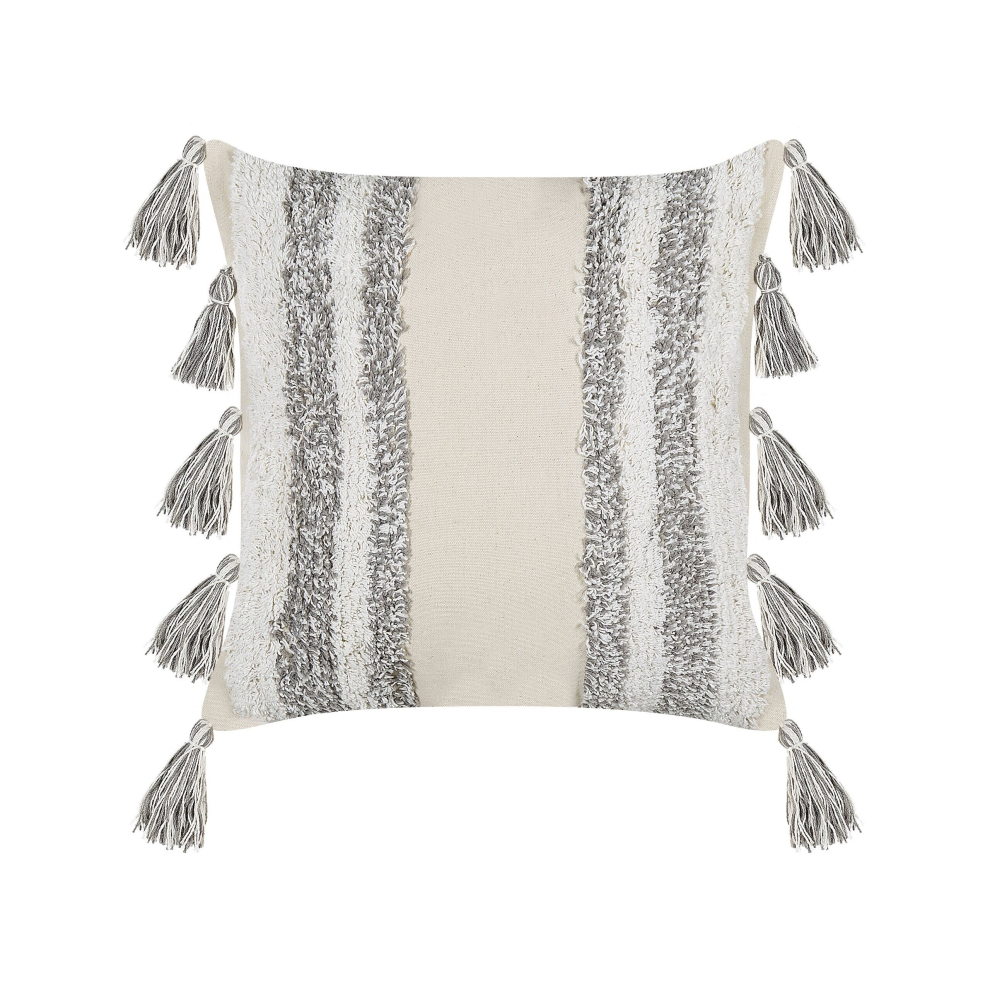 Tufted Cotton Cushion with Tassels 45 x 45 cm Beige and Grey HELICONIA