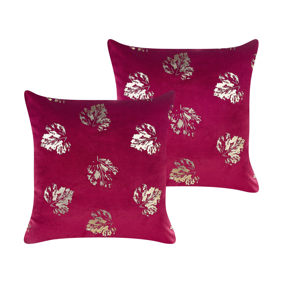 Set of 2 Velvet Cushions Leaf Pattern 45 x 45 cm Burgundy GOLDENROD
