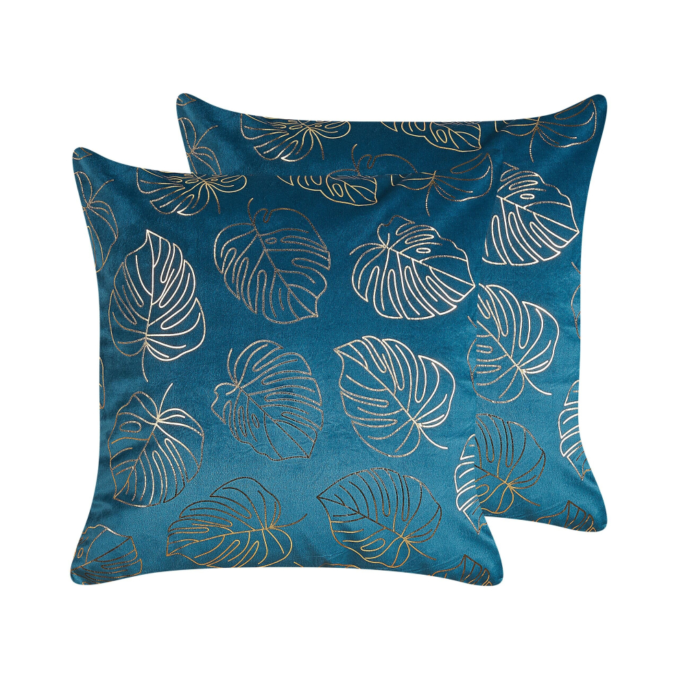 Set of 2 Velvet Cushions Leaf Print 45 x 45 cm Blue MONSTERA