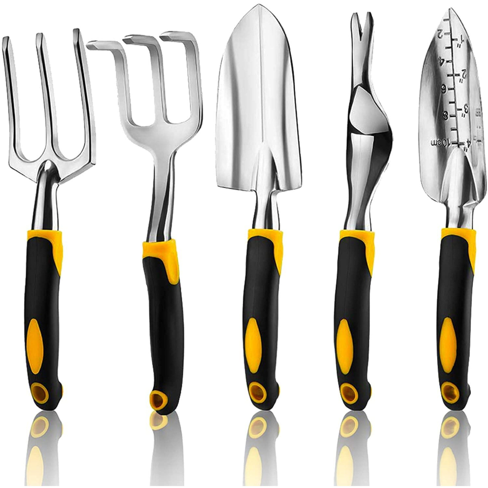 5 Piece Gardening Tools Set, Garden Tools with Heavy Duty Cast-Aluminium Heads & Ergonomic Handles, Gardening Gifts for Men Women Including Shovel, Tr