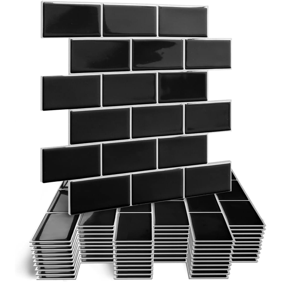Thicker Upgrade Design Self Adhesive Wall Tiles for Kitchen Bathroom Stick on Tile Backsplash, 3D Peel and Stick Subway Tiles Black 5 Sheets
