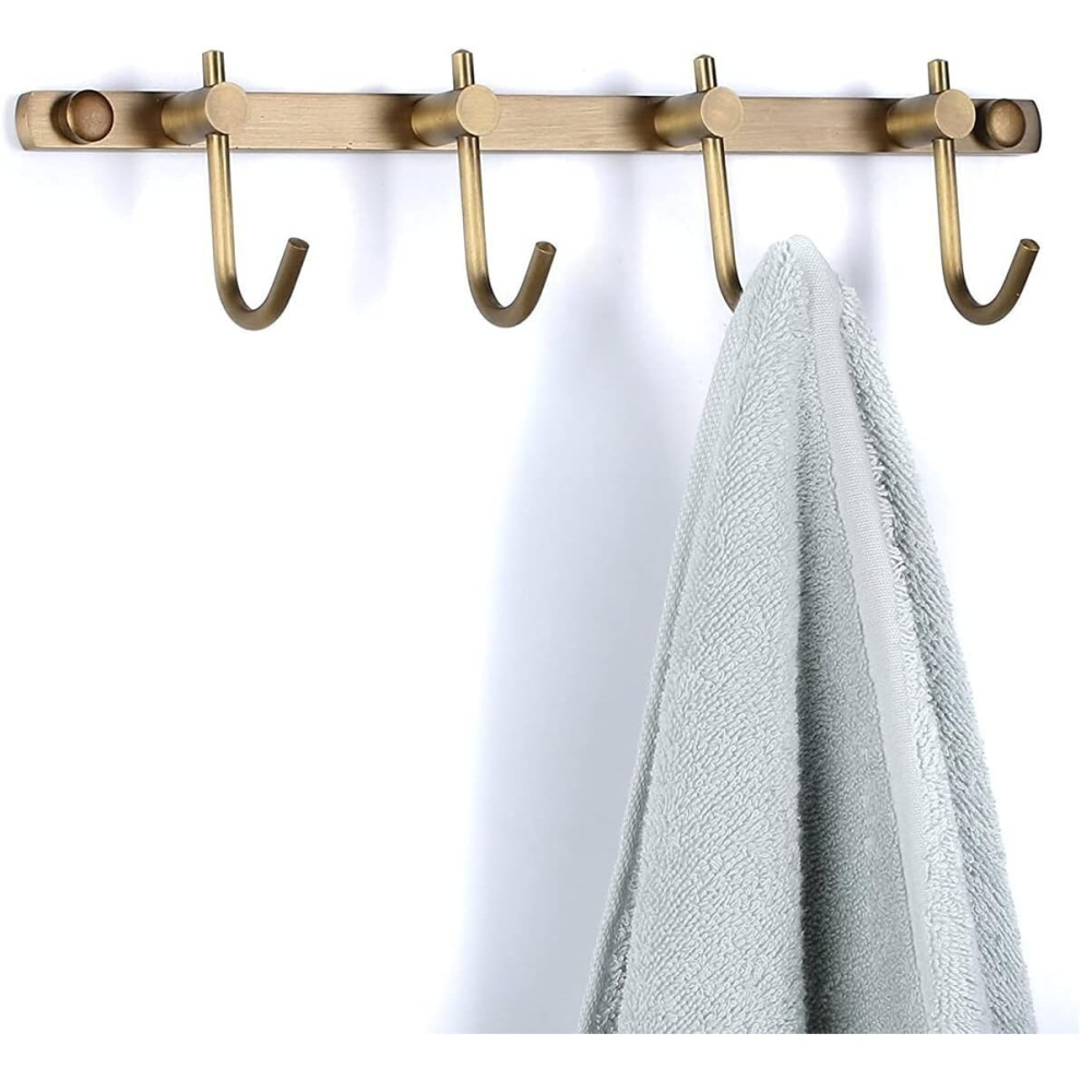 Brass Towel Hook Rack, Brushed Brass Wall Hook Rack, Antique Brass Row Hooks with 4 Hooks Rustic Wall Mounted