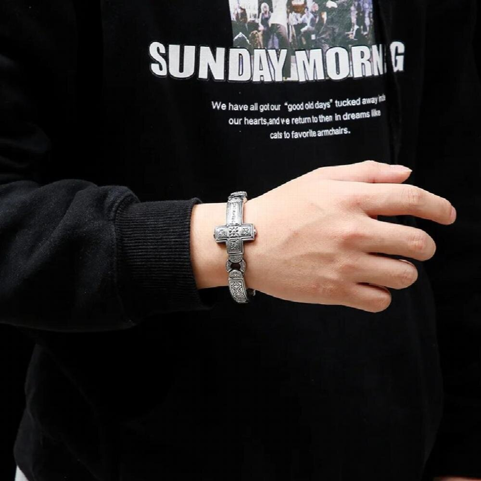 Punk retro cross titanium steel mens bracelet wide-faced rock tide stainless steel jewelry-image-OPC-PCWHKBP-NEW