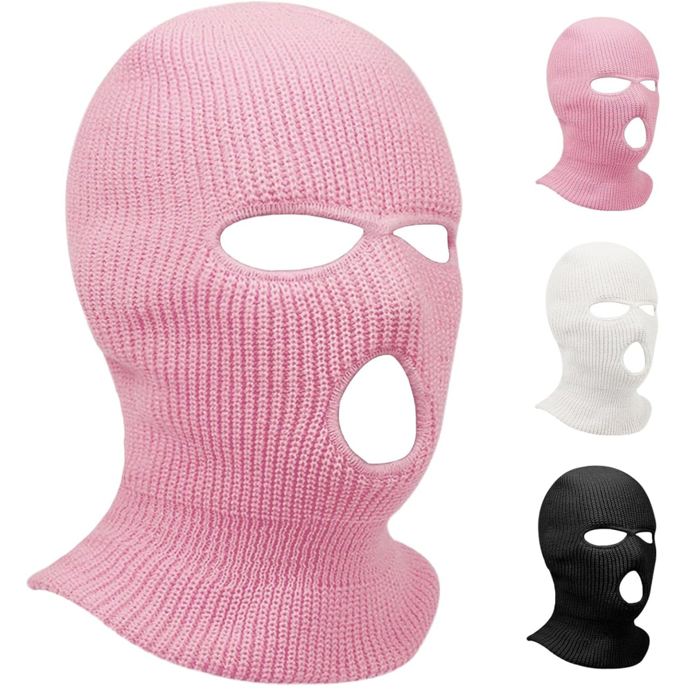 (Pink) 3 Hole Winter Knitted Mask, Full Face Cover Ski Scarf Mask Warm Balaclava for Adult Skiing, Motorcycle,Wind Protection-image-OPC-PCWHHRH-NEW