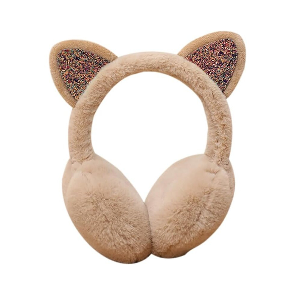 (Khaki) Women's Winter Warm Cat Ear Muffs Cute Earmuff for Girls Plush Fluffy Ear Cover Cold Weather Faux Fur Cold Protection