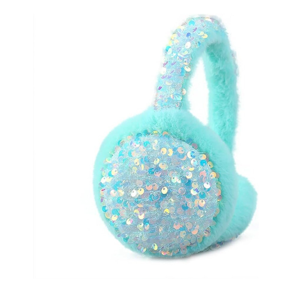 (Cyan) Sequins Earmuffs Winter Ear muffs Warmer Faux Fur Plush Shiny Ears Warmer Earmuffs Cold Protection for Women Girls
