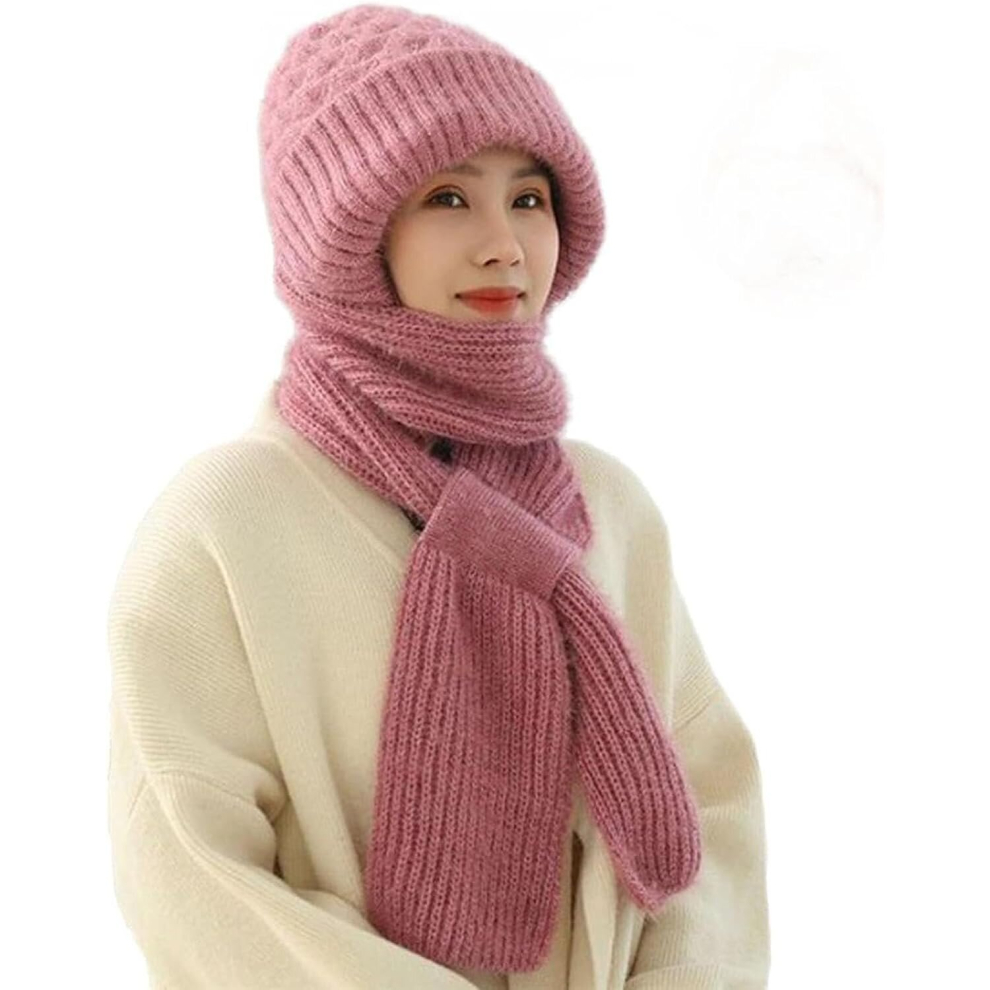 (Pink, One Size) Integrated Ear Protection Windproof Cap Scarf,Knitting Thickening Hat Winter