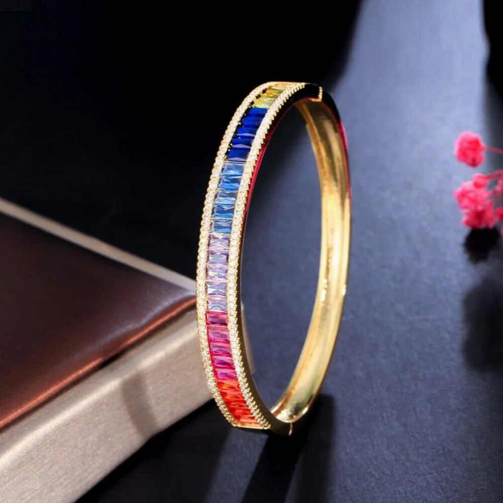 CWWZircons Unique Baguette Rainbow Cubic Zirconia Round Open Cuff Bangle for Women Brazilian Plated Jewelry BG048-image-OPC-PCWHP78-NEW