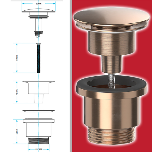SPARES2GO Clicker Basin Waste Plug 1 1/4" 60mm Click Clack Bathroom Sink Pop Up Push Dome (Brushed Copper) 1