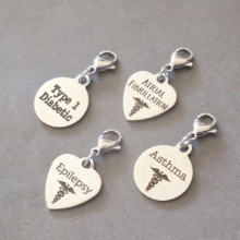 Stainless Medical ID Charms, Type 1 Diabetes, Awareness Charm, Asthma Charm, Epilepsy Charm, Pre-Engraved on Superior