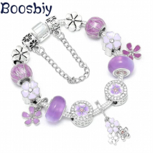 Silver Plated European Style Charm Bracelet DIY Crystal Purple Flower Beads Fit Bracelets for Women Jewelry Gift