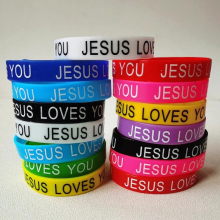 20PCS/Lot Charming Jesus Wristband Silicone Bracelets Printing Religious Pattern Rubber Band for Catholic Christian