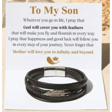 Multi-layer Leather Feather Shape Accessories To My Grandson Bracelet Stainless Steel Leather Bracelet Special To My Son