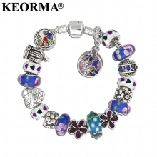 Female Charm Bracelet Beads Silver Crystal Chain Enamel Purple Flower Heart Wrap Cuff Bracelets&Bangles For Women