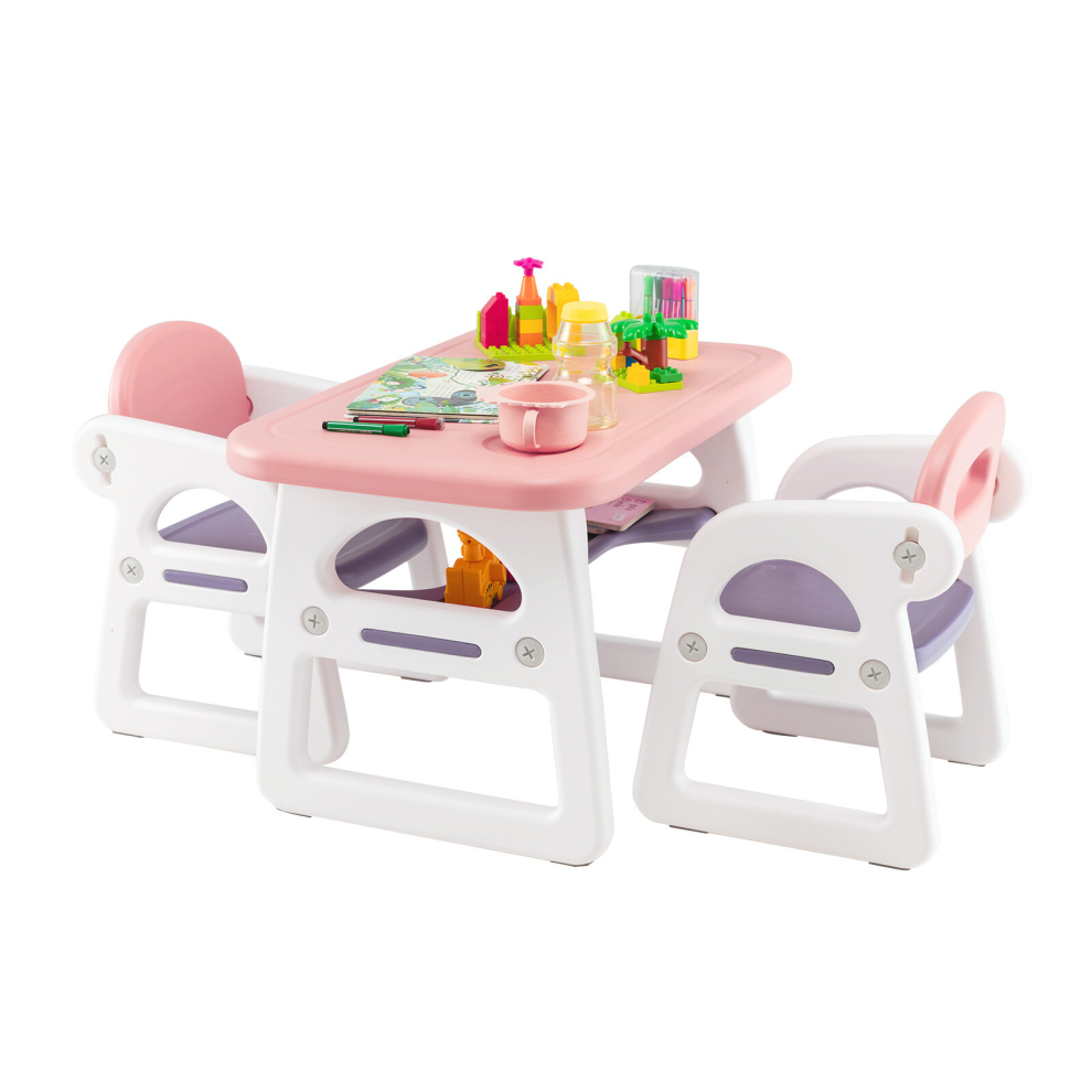 3 PCS Kids Table & Chairs Set Children Toddler Activity Desk Chair Set W/ Storage Shelf