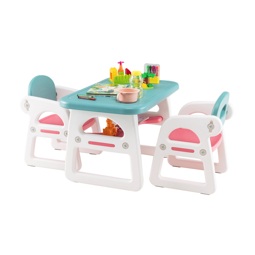 3 PCS Kids Table & Chairs Set Children Toddler Activity Desk Chair Set W/ Storage Shelf