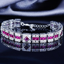 Silver Charm Bracelet for Women Dazzling Rose Red Zircon Bangle Female Wedding Party Jewelry