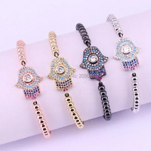 10Pcs Top 4mm Round Brass Beads & Micro Pave CZ Hamsa Hand Braiding Macrame Bracelet