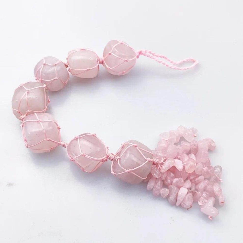 Natural Pink Crystal Irregular Gem Car Hanging Ornament Yoga 7 Stone Beads Hand Braided Pendent Window Garden Home Decoration-image-OPC-PCWK6K6-NEW
