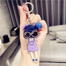 Cartoon Glasses Wool Hat Girl Clothes Models Acrylic Keychain Women Bell Pencil Bag Charms Car Keyring Accessories