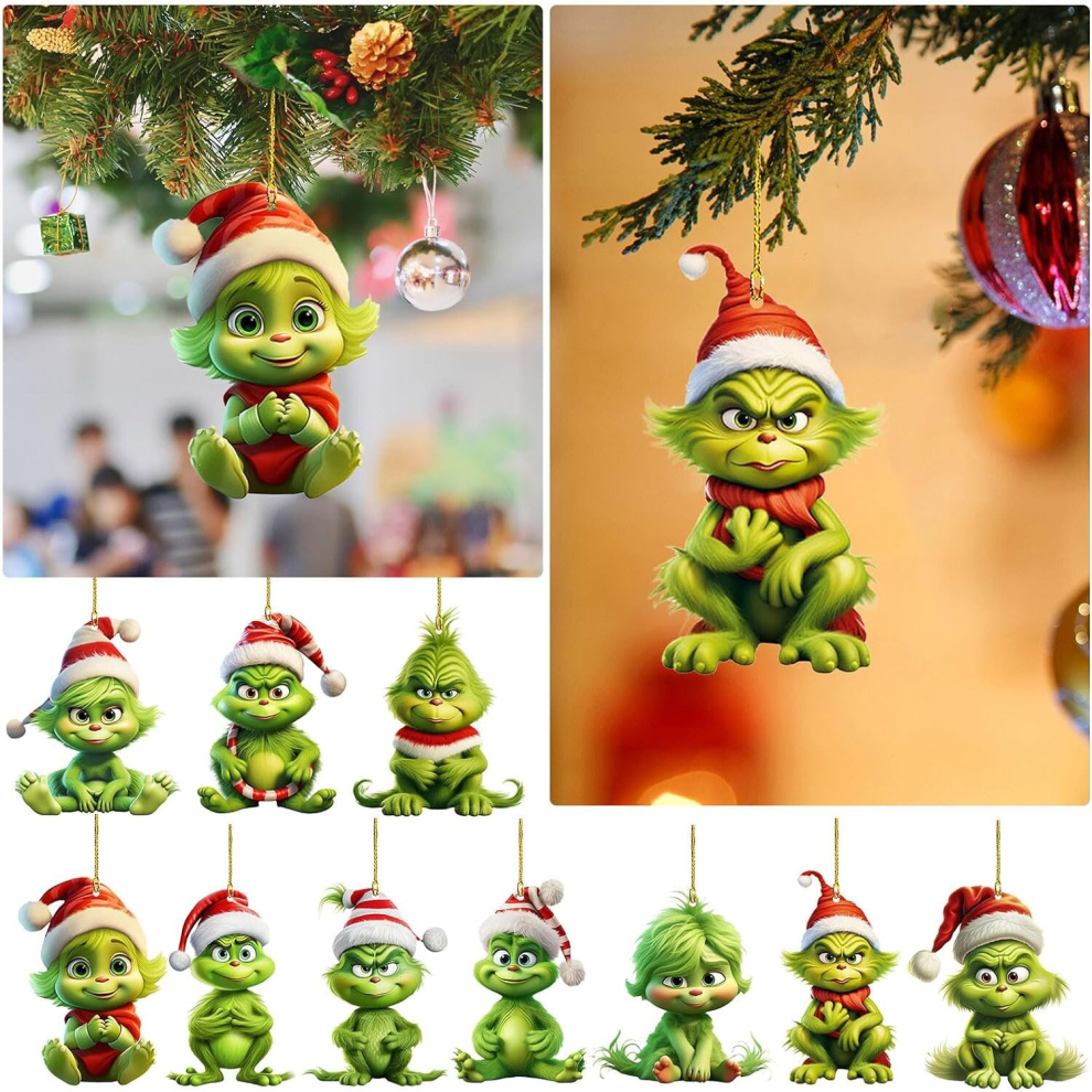 10 Pieces Baby Grinch Hanging Ornament Christmas Tree Decorations Cute Flat Acrylic Pendants with Lanyard