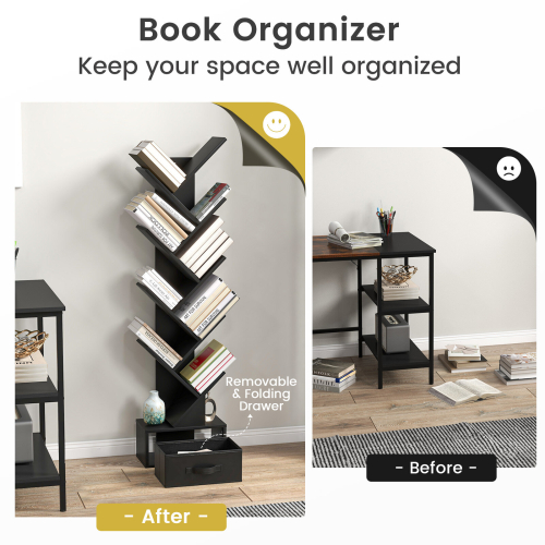 Casart Tree-Shaped 10-Tier Bookshelf 150cm Free-Standing Display Rack with Removable Fabric Drawer 2