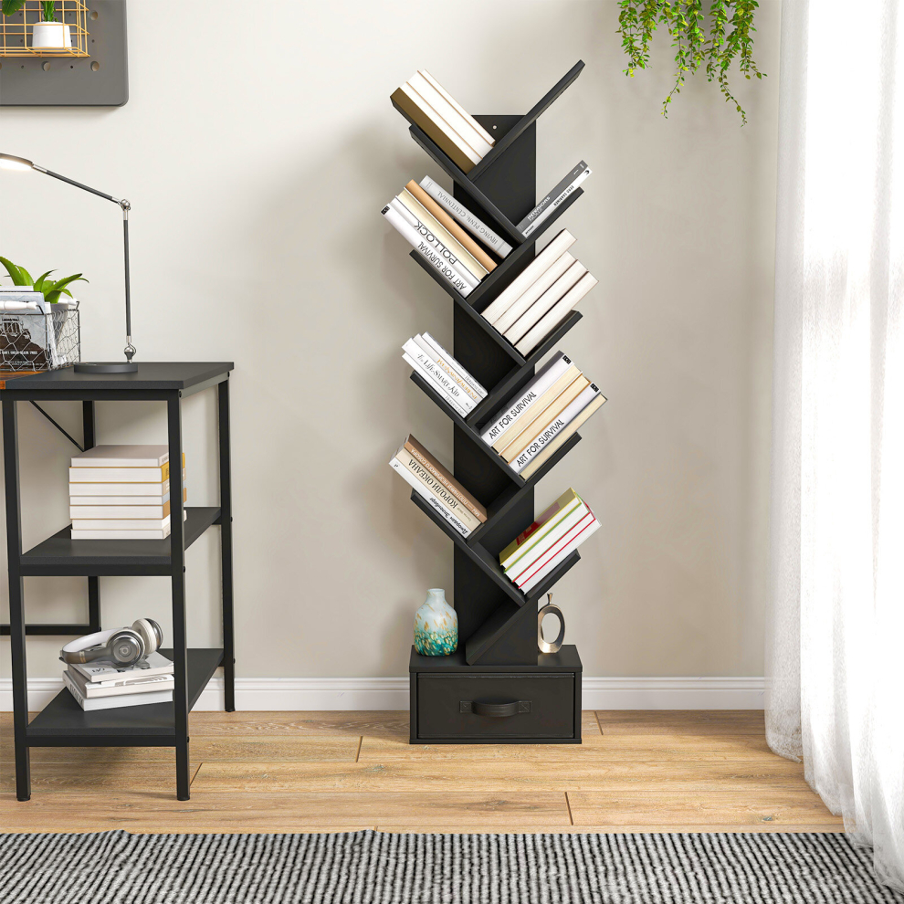 Tree-Shaped 10-Tier Bookshelf 150cm Free-Standing Display Rack with Removable Fabric Drawer-image-OPC-PCWKCDB-NEW