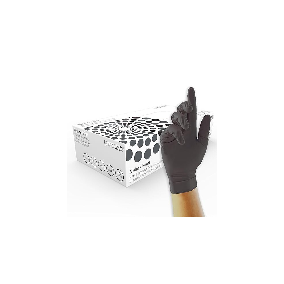 Unigloves Black Pearl Nitrile Powder Free and Latex Free Disposable Gloves Box of 100 Gloves Black Medium