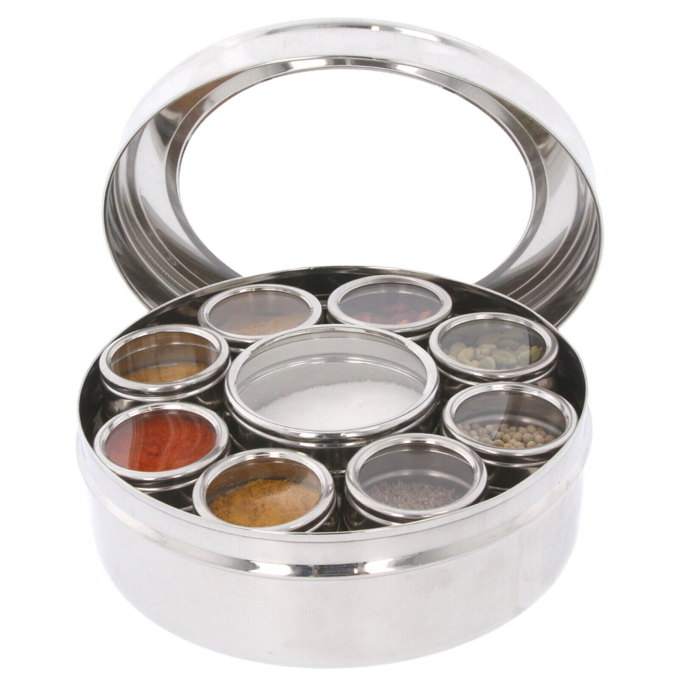 (Authentic Indian Spice Tin Box Masala Dabba Stainless Steel 9PC Spices Herb Pots) Authentic Indian Spice Tin Box Masala Dabba