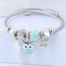 Cuff Bracelets for Women Silver Owl Crystal Beaded Feather Bracelet & Bangle Pulseras DIY Charm Jewelry