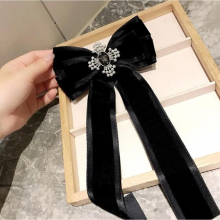 Vintage Velvet Ribbon Long Bow Tie Brooches for Girls Women Collar Flower Shirt Pin Cloth Neck Tie Party Accessories