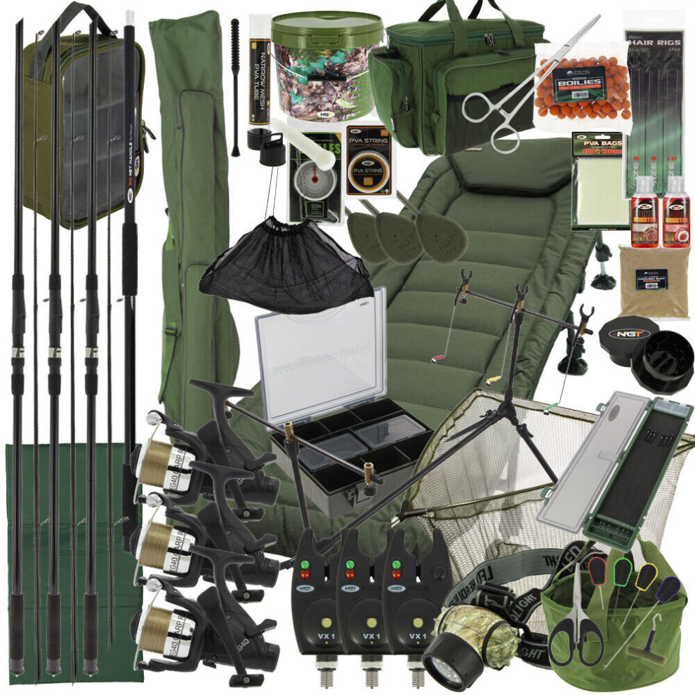 Complete Carp Fishing Set 3x Rods 3x Reels Alarms Tackle Holdall Bedchair Deluxe