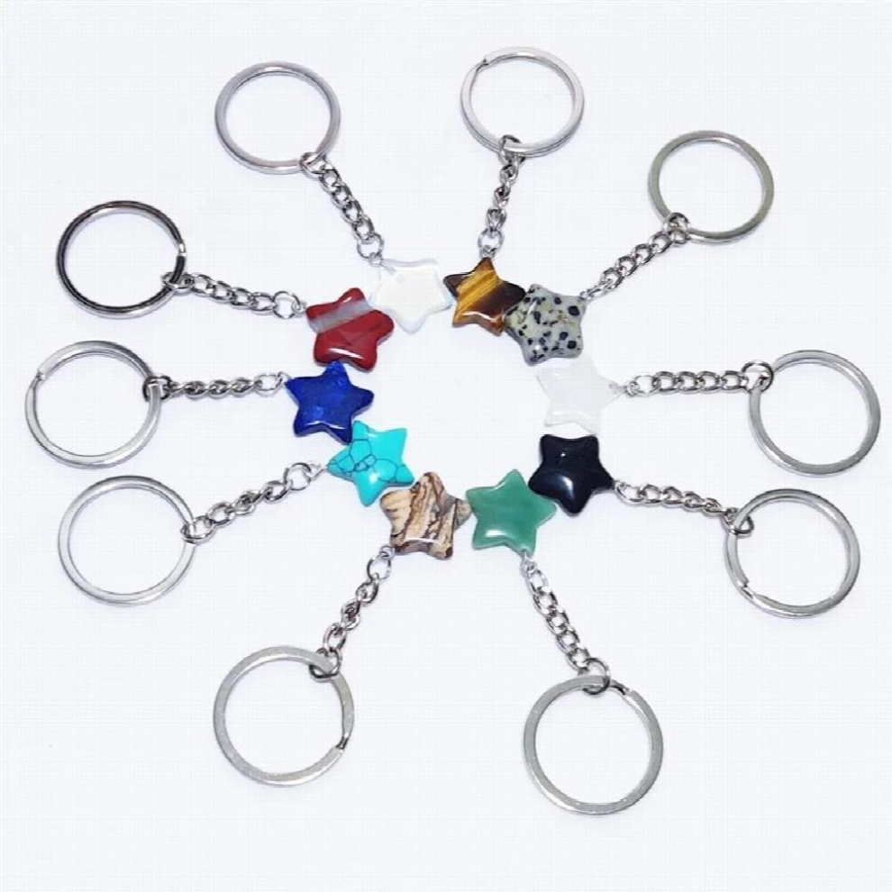 20Pcs Natural Stone Star Shape Key Rings Healing Quartz Agates Car Decor Key Chain Keyholder For Women Men Multicoloured 885673997143
