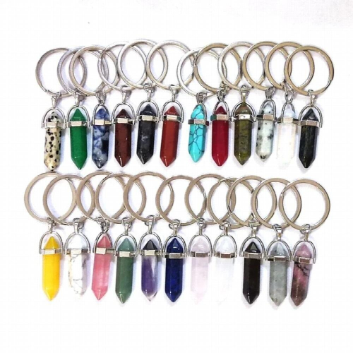 10pcs Natural Stone Hexagonal Prism Key Rings Silver Healing Pink ...
